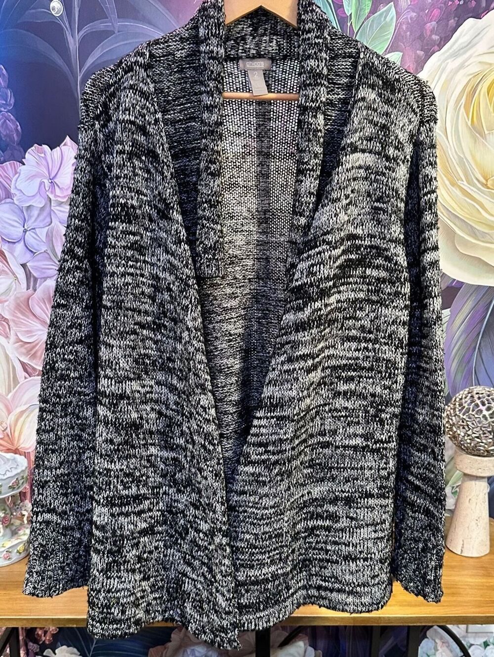 Chico's 2 Large Open Cardigan Metallic Wool Blend Stretch Knit Black Gray